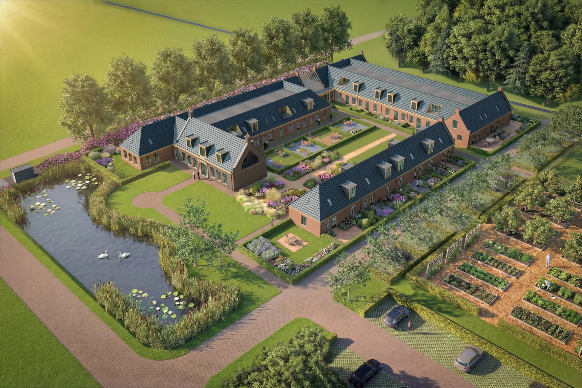 Artist impression van het hof in vogelvlucht